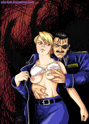 breast_grab breasts clothes color eye_patch female front_view fullmetal_alchemist homunculus human king_bradley male riza_hawkeye straight tagme