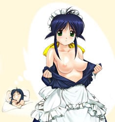 a1 andou_mahoro apron breasts dreaming green_eyes hair_ribbon mahoro_andou mahoromatic maid nipples open_clothes open_shirt ribbon ribbons shirt white_background yellow_background