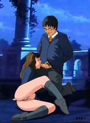 1girls ass black_hair bottomless brown_hair closed_eyes clothed clothed_male female glasses gryffindor gryffindor_tie harry_james_potter harry_potter hermione_granger kes_(artist) male masturbation oral penis pubic_hair pussy sex skirt straight witch_(harry_potter)