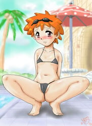 bikini blush female female_only gouguru human human_only micro_bikini nozomi_(pokemon) pokemon solo spread_legs swimsuit zoey_(pokemon)