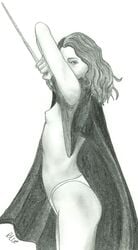 1girls blue_(artist) female female_only greyscale gryffindor harry_potter hermione_granger hogwarts_robe monochrome nipples panties robe small_breasts solo solo_female tagme wand witch_(harry_potter)