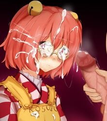 apron bell blush bukkake censored character_name checkered checkered_shirt clothes_writing cum cum_in_mouth cum_on_clothes cum_on_glasses facial female glasses hair_bell hair_ornament jingle_bell kosuzu_motoori masturbation penis poshi_(ginmokusei) red_eyes red_hair short_hair short_twintails solo steam tied_hair touhou twintails