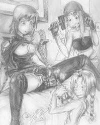 1boy 2girls automail breasts clara_(fullmetal_alchemist) clothes edward_elric female fullmetal_alchemist human male master_of_puppets monochrome psiren_(fullmetal_alchemist) vulva winry_rockbell