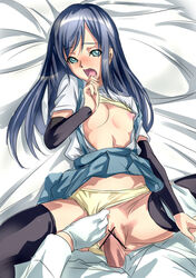 admiral_(kantai_collection) asashio_(kantai_collection) black_hair black_legwear blue_eyes blush breasts censored dodai_shouji female highres kantai_collection long_hair looking_at_viewer navel nipples open_clothes open_mouth open_shirt panties panties_aside penis personification school_uniform serafuku sex skirt straight thighhighs underwear