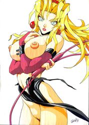 1990s 1998 1girls 20th_century battle_arena_toshinden big_breasts blonde_hair blue_eyes breasts breasts_out dated earrings elbow_gloves female female_only fingerless_gloves highres jewelry long_hair looking_at_viewer nipples pussy sofia_(battle_arena_toshinden) solo topless whip white_background