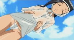 1girls amaenaideyo animated black_eyes black_hair breasts cameltoe cap closed_eyes erect_nipples female flashing fundoshi large_breasts lowres miyako_amanogawa panties pantyshot screencap see-through skirt skirt_lift solo thong underwear wedgie