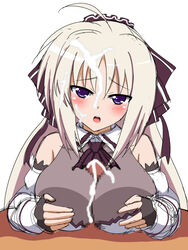 1boy blush breasts cum cum_on_breasts facial female large_breasts lyrical_nanoha marupuni paizuri penis purple_eyes rinne_berlinetta vivid_strike! white_hair