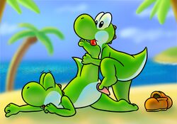 2017 anthro beach blurred_background closed_eyes day duo foot_fetish foot_lick footjob footwear green_skin licking male male_only mario_(series) nintendo nishi nude palm_tree penis raised_leg seaside shoes tapering_penis tongue tongue_out tree yoshi