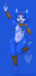 4_fingers anthro areola blue_background blue_fur blue_hair breasts canine claws emikochan female fox fur green_eyes hair jewelry krystal mammal navel nintendo nipples open_mouth pussy simple_background solo star_fox video_games