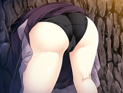 ass bad_end benimura_karu bent_over black_panties bunny_black cameltoe female hip_focus huge_ass panties skirt solo stuck thick_thighs thighs through_wall trefoil underwear wide_hips