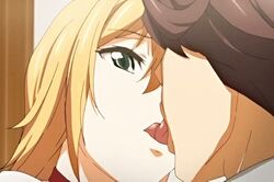 1boy 1girls animated blonde_hair brown_hair collar female french_kiss french_kissing gif green_eyes kissing licking making_out male school straight tagme tongue tongue_kiss toshi_densetsu_series vanilla