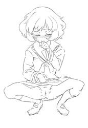 akiyama_yukari anus blush calpara closed_eyes embarrassed female female girls_und_panzer monochrome no_panties pussy skirt solo squatting uncensored