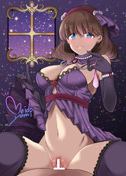 artist_name blue_eyes blush bottomless brown_hair censored condom cowgirl_position cowgirl_position dress elbow_gloves female gloves hairband idolmaster idolmaster_cinderella_girls idolmaster_cinderella_girls_starlight_stage looking_at_viewer meido_yomi sakuma_mayu sex short_hair signature smile solo_focus straddling thighhighs used_condom vaginal_penetration