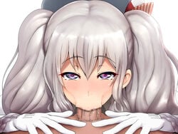 1boy :>= beret blue_eyes blush c-low erection fellatio female frilled_sleeves frills gloves heart-shaped_pupils kantai_collection kashima_(kantai_collection) looking_at_viewer oral penis pov pov_eye_contact saliva silver_hair symbol-shaped_pupils tied_hair twintails wavy_hair