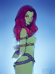 1girls 2d alien alien_girl alien_look_like_human arms_behind_back belt bondage female female_only fingerless_gloves gamora green-skinned_female green_skin guardians_of_the_galaxy h1kar1ko humanoid long_hair marvel marvel_cinematic_universe medium_breasts nipples nude red_hair restrained rope_bondage shibari solo solo_female tagme zehoberei