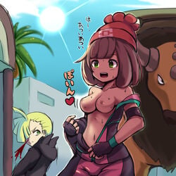 1boy 1girls areolae bare_shoulders belly blonde_hair blood blush bodysuit breasts breasts_out brown_hair clothed day earrings eyelashes female gladion_(pokemon) gloves green_eyes hair_over_one_eye hat hoodie human human_only looking_back navel nintendo nipples nosebleed open_mouth outdoors pale_skin piercings pokemon pokemon_(species) pokemon_sm selene_(pokemon) short_hair sky smile standing straight stripping suit sun sweat tagme tauros text tongue undressing