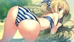 akinashi_yuu ao_no_kanata_no_four_rhythm ao_no_kanata_no_four_rhythm_-es- ass bare_arms bare_legs bare_shoulders bikini blonde_hair breasts female female_only from_behind game_cg green_eyes hair_ribbon highres legs long_hair looking_back outdoors ribbon small_breasts smile solo striped striped_bikini suzumori sweat thighs top-down_bottom-up