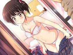 blush bra dutch_angle female game_cg indoors lingerie male_hand panties peeping plaid racer_(magnet) school_uniform underwear undressing unseen_male_face voyeurism window yellow_eyes