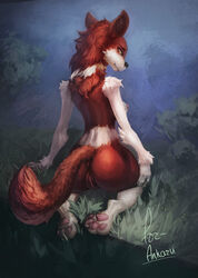 2017 anthro anus ass canine english_text female fur grass hair kneeling long_hair looking_at_viewer looking_back mammal nude oneofyouare outside pawpads pink_pawpads pussy rear_view red_fur red_hair signature solo text white_fur