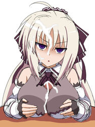 1boy blush breasts cum cum_on_breasts facial female large_breasts lyrical_nanoha marupuni paizuri penis purple_eyes rinne_berlinetta vivid_strike! white_hair