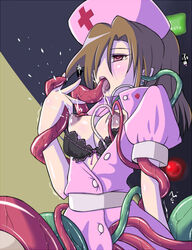 aoba_(aunana) blush bra bra_pull breasts brown_hair ear_insertion fellatio female fucked_silly hat lactation lingerie nipple_penetration nipples nurse nurse_cap open_clothes oral original red_eyes solo tears tentacle tentacle_sex tentacles_under_clothes underwear