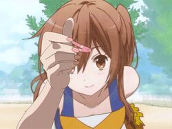 animated brown_eyes brown_hair cheerleader chuunibyou_demo_koi_ga_shitai! female hairclip handjob nail_polish nibutani_shinka pov sexually_suggestive teasing