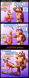 anthro avian banjo-kazooie banjo_(banjo-kazooie) bassybird bassywolfeh beak bear bird blue_eyes clothing comic dialogue feathers feral green_eyes humanoid_penis kazooie mammal penis spec_breegull tail_feathers toony undressing video_games