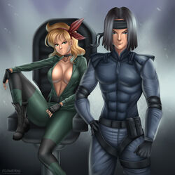 android_17 bad_launch big_breasts blonde_hair boots breasts clothing crossover dragon_ball dragon_ball_(classic) female flowerxl gun large_breasts launch male metal_gear_solid sniper_wolf solid_snake weapon