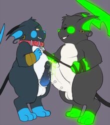 2boys alternate_color animal_genitalia anthro atoh_darkscythe belly big_ass bioluminescence black_penis black_sclera blue_penis chubby collar cum digitigrade duo erection eroborus eye_contact foreskin frenum_ladder frenum_piercing frottage gay genital_piercing glowing green_cum green_fur green_penis grin half-closed_eyes interspecies leash leash_pull male male_only mammal nintendo no_nipples original_character partially_retracted_foreskin paws penis penis_piercing penises_touching piercing pokemon pokemon_(species) precum purple_background raichu rodent sex sheath side_view smile standing tail testicles thick_thighs uncut veins veiny_penis video_games wide_hips