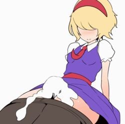 1girls alice_margatroid animated black_legwear blonde_hair blush bouncing_breasts breasts collar cookie_(touhou) cum cum_on_body cum_on_thighs dress ejaculation ejaculation_between_thighs female female_only gun hair_over_eyes hairband hot_dogging hotdogging masturbation necktie no_eyes outercourse pantyhose puffy_short_sleeves puffy_sleeves purple_dress pussy_peek sexually_suggestive short_hair short_sleeves simple_background smile solo sorry_carl thick_thighs thigh_job thigh_sex thighjob touhou weapon white_background zettai_ryouiki