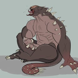 abs alien claws cum cum_on_penis evolve goliath_(evolve) jaws lessa_(artist) looking_up male male_only masturbation monster muscular nude open_mouth orgasm penis precum saliva scar sitting spikes teeth tongue tongue_out vein