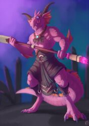 claws clothed clothing digitigrade eyewear frill front_view full-length_portrait full_length glowing goggles holding_object holding_weapon horn hornedfreak kobold kurrikage looking_at_viewer male male_only melee_weapon polearm portrait scalie signature solo standing topless weapon