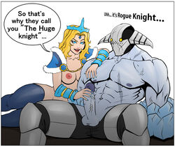 blonde_hair blue_eyes breasts crown crystal_maiden dota_2 helmet large_penis mrvolk_(artist) muscular muscular_male rylai_the_crystal_maiden sven_the_rogue_knight