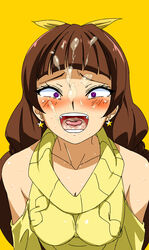 absurdres amanogawa_kirara bangs bare_shoulders blunt_bangs blush bow brown_hair clothing cum cum_on_hair earrings facial female go!_princess_precure hairbow highres jewelry medium_breasts open_mouth precure pretty_cure purple_eyes solo star star_earrings tongue vu-hakase