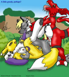 anal anal_sex anthro anthro_on_anthro anthro_penetrated anthro_penetrating anthro_penetrating_anthro balls bisexual bisexual_sandwich bodily_fluids cum cum_in_ass cum_inside cum_while_penetrated digimon digimon_(species) drooling female female_penetrated fur genital_fluids glenn group group_sex guilmon male male/male male_penetrating nipples nude open_mouth penetration penis pussy renamon saliva sandwich_position sex straight threesome tongue vaginal_penetration yellow_fur