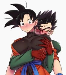 1boy 1girls black_eyes black_hair blush breasts closed_eyes closed_mouth dragon_ball dragon_ball_heroes eyebrows eyewear female female_goku glasses gloves green_shirt incest matching_hair/eyes nipples rule_63 saiyan shirt simple_background son_gohan son_goku spiky_hair teba_motoko white_background xeno_gohan xeno_goku