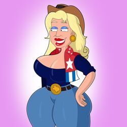 big_breasts blonde_hair blue_shirt cowboy_hat family_guy female jeans thick_thighs tsukimoon