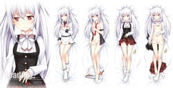 1girls barefoot bed_sheet breasts dakimakura female from_above highres isla_(plastic_memories) long_hair lying necktie nipples on_back open_clothes open_shirt panties panty_pull plastic_memories pussy red_eyes red_necktie shirt silver_hair skirt skirt_removed small_breasts socks tied_hair twintails uncensored underwear verjuice white_legwear white_panties white_skirt