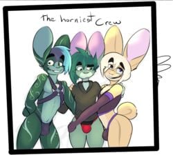 anthro bastien buckteeth bulge bunnies furry furry_only g-string gay gloves green_fur harness hoodie inoby lagomorph male male_only no_humans orion rabbit seffy simple_background tail tail_tuft text trio tuft underwear