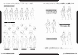 1boy artbook ass back bodysuit breasts character_sheet concept_art curvy female kagami_hirotaka kiryuu_sabato large_breasts leotard lilith-soft long_hair looking_at_viewer monochrome nipples no_bra nude official_art scan simple_background skirt standing sweat taimanin_(series) taimanin_asagi text yatsu_murasaki