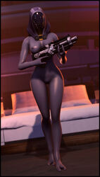 1girls 2017 3d absurdres alien_girl areolae bed bedroom big_breasts bioware breasts erect_nipples female female_only foab30 full_body gun highres legs looking_at_viewer mask mass_effect nipples nude purple_skin pussy quarian shiny solo source_filmmaker standing tali'zorah_nar_rayya thighs weapon