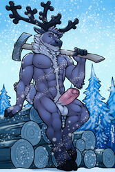 aroused axe balls big_penis bulge cervine forest leaning looking_at_viewer male male_only mammal melee_weapon muscular nipples nude outside penis pinup pose reindeer snow solo tree tsaiwolf uncut weapon winter