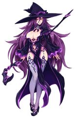 big_breasts blush breasts dark_mage_(monster_girl_encyclopedia) kenkou_cross monster_girl monster_girl_encyclopedia pantyhose purple_hair shoes skull smile staff witch witch_hat yellow_eyes