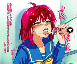 1boy ahoge asahina_yuko blush cum cum_in_mouth disembodied_penis facial female handjob heart nail_polish open_mouth penis red_eyes red_hair school_uniform serafuku short_hair text tokimeki_memorial tokimeki_memorial_1 tongue tongue_out translation_request vu-hakase