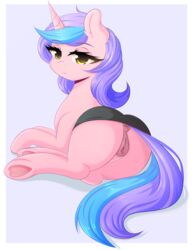 2017 anus ass border clitoris clothing clothing_lift cute equine eyelashes fan_character female feral fluffymaiden friendship_is_magic fur hair half-closed_eyes hi_res hooves horn horse invalid_tag long_hair looking_at_viewer looking_back lying mammal multicolored_hair multicolored_tail my_little_pony on_front pink_fur pink_skin pony pose pussy simple_background skirt skirt_lift smile solo two_tone_hair underhoof unicorn white_border yellow_eyes