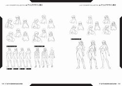 alicia_viewstream artbook breasts character_sheet concept_art female kagami_hirotaka kangoku_senkan kangoku_senkan_2 large_breasts legs lilith-soft long_hair looking_at_viewer midriff military_uniform monochrome nipples no_bra nude official_art skirt sweat underwear uniform