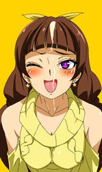 :d absurdres amanogawa_kirara bangs bare_shoulders blunt_bangs blush bow brown_hair clothing cum earrings ejaculation female go!_princess_precure hairbow highres jewelry medium_breasts one_eye_closed open_mouth precure pretty_cure purple_eyes smile solo star star_earrings vu-hakase