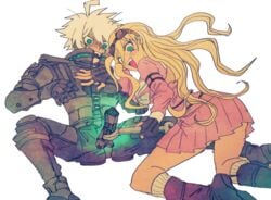 1boy ahoge android blonde_hair blue_eyes blush danganronpa female fingernails glowing goggles goggles_on_head green_eyes iruma_miu kiibo kneeling long_fingernails long_hair mechanical_penis nail_polish new_danganronpa_v3 open_mouth pink_nails power_armor robot school_uniform serafuku short_hair silver_hair simple_background sitting smile straight_hair surprised umimaru_(5_szs) white_background white_hair wrench