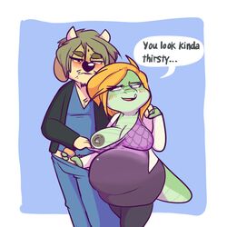 2017 aged_up anthro areola belly big_belly big_breasts big_tail black_nose blue_background blush body_hair bovine breasts cattle chest_hair cleavage clothed clothing crocodile crocodilian dialogue dripping duo english_text eyewear facial_hair female frannie_(sprocket) furry glasses green_fur green_hair green_skin hair hand_holding hand_in_pants hand_on_shoulder handjob horn husband_and_wife jack_hudson jacket lactation leaking legwear male mammal nipples nurse nurse_uniform one_breast_out open_mouth orange_hair penis penis_grab pregnant pubes public ready_to_pop reptile ring romantic_couple sagging_breasts scalie scrubs shirt_pull simple_background snaggle_tooth speech_bubble sprocket_(artist) standing stockings tan_fur uniform wedding_ring white_background