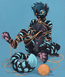 2017 amara_telgemeier anthro bell black_fur blue_background blue_fur blue_hair claws collar cute feline fur green_collar hair male male_only mammal markings multicolored_fur nipples nude pawpads paws penis pink_pawpads red_iris sige_(sige) simple_background solo striped_fur stripes toe_claws toes tongue tongue_out yarn yellow_sclera